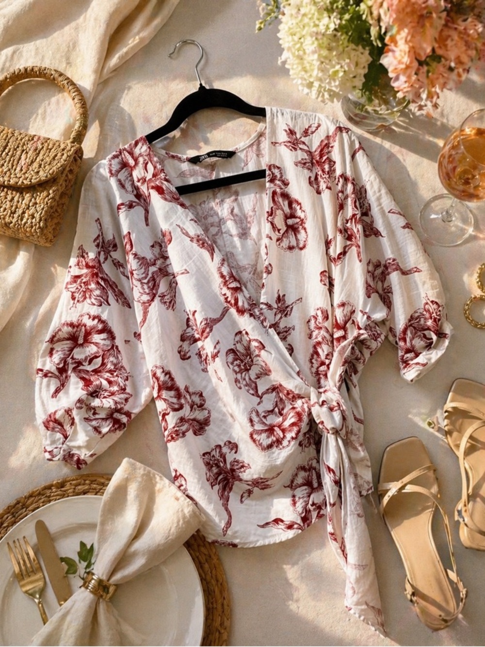 Zara Floral Wrap Blouse XS Linen Blend Tie Front Romantic Cottagecore - Picture 9 of 9